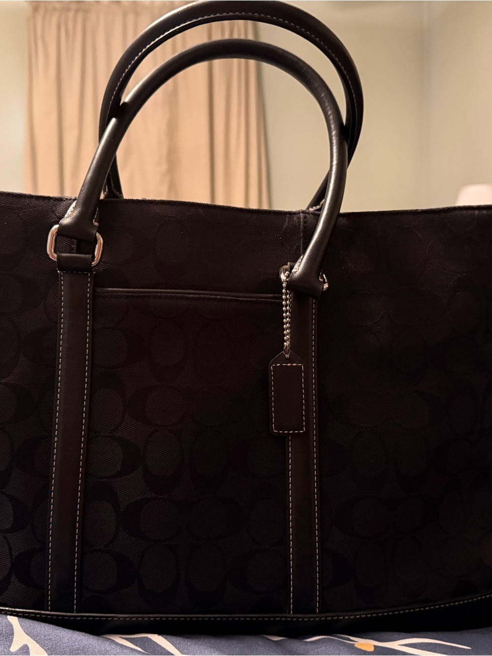 Coach Black Signature Canvas Tote with Leather Trim